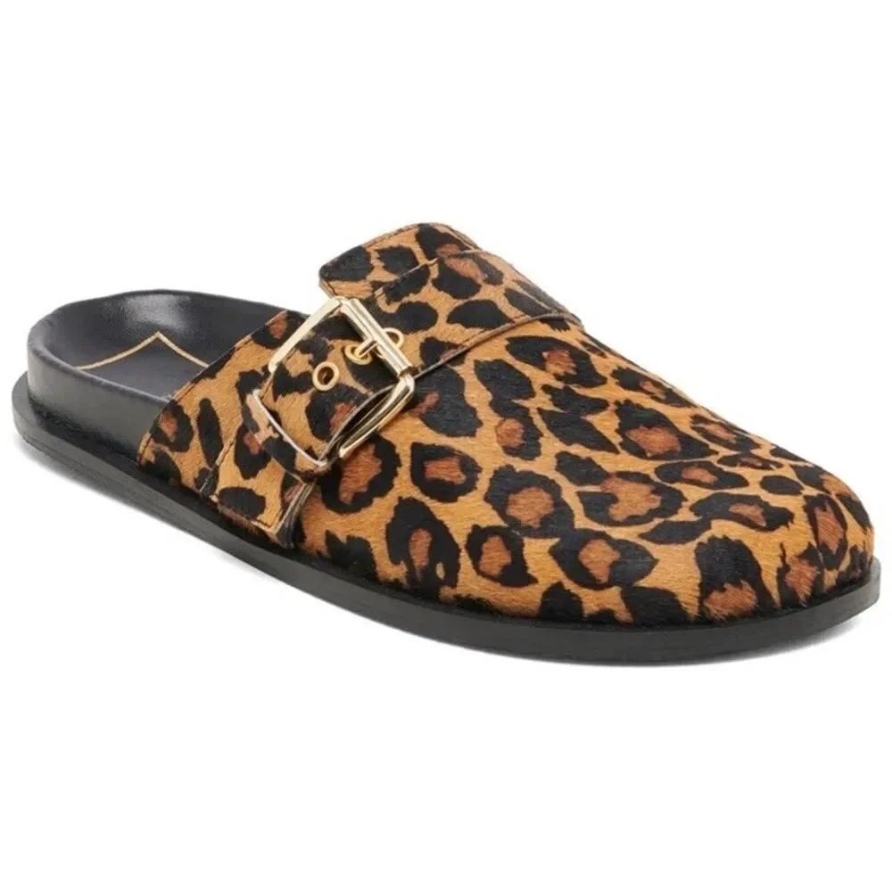 Dolce Vita Leopard Pony Hair Mules Slides Buckle Flats US 6 Animal Print